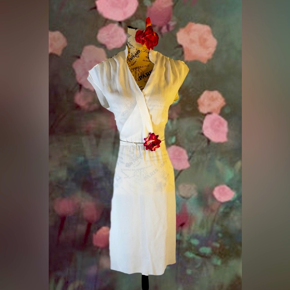 Stunning vintage! White V-neck dress with embroidered shoulder, detail, medium